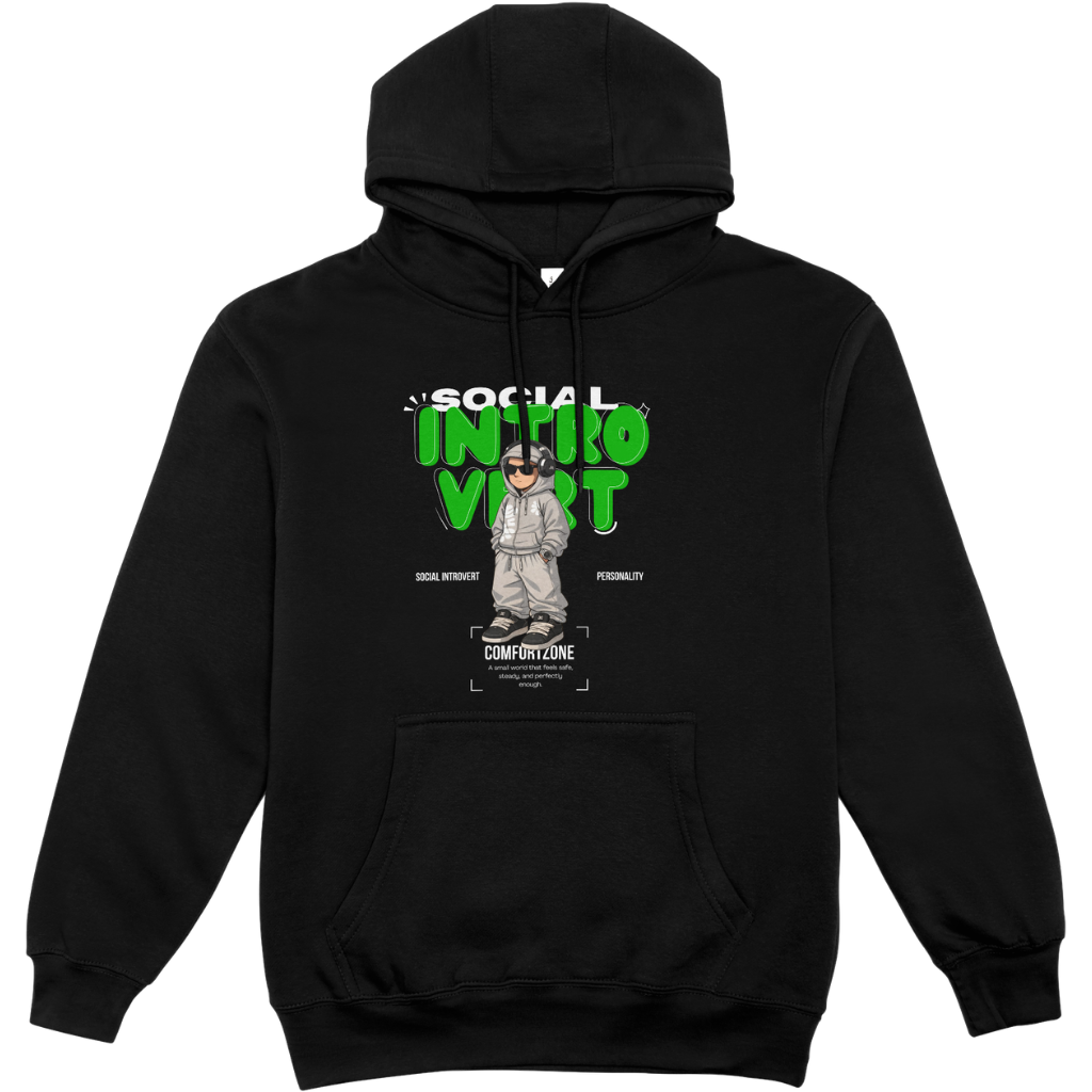 Black fleece hoodie for men and women featuring a street-ready "Social Introvert" graphic print.