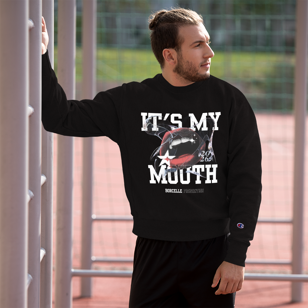 Men’s urban streetwear black tee featuring a bold Lips design and "It's My Mouth" text, styled for a modern daily uniform.