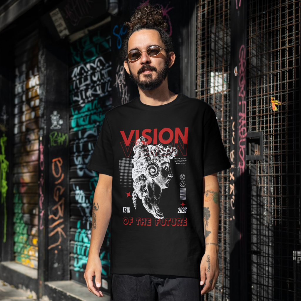 Black oversized tee with drop-shoulder fit and red graphic print from the Urban Statement collection.