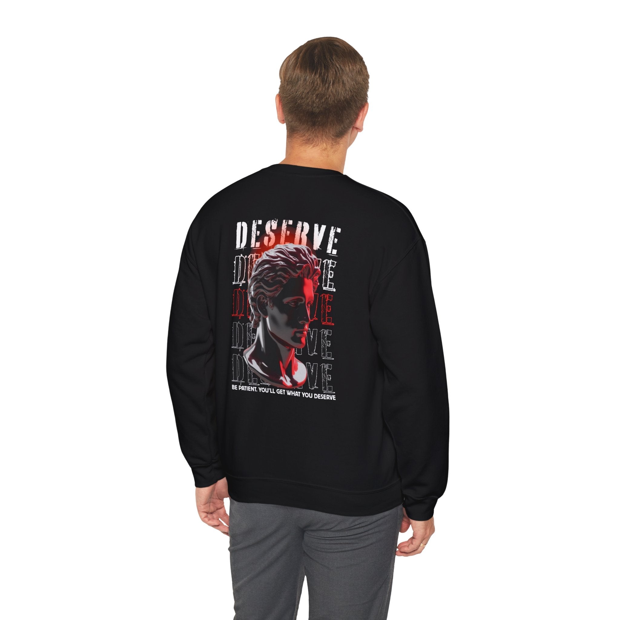 Aesthetic streetwear sweatshirt with a marble statue graphic and "Be Patient" quote, part of the Western Collar curated collection.