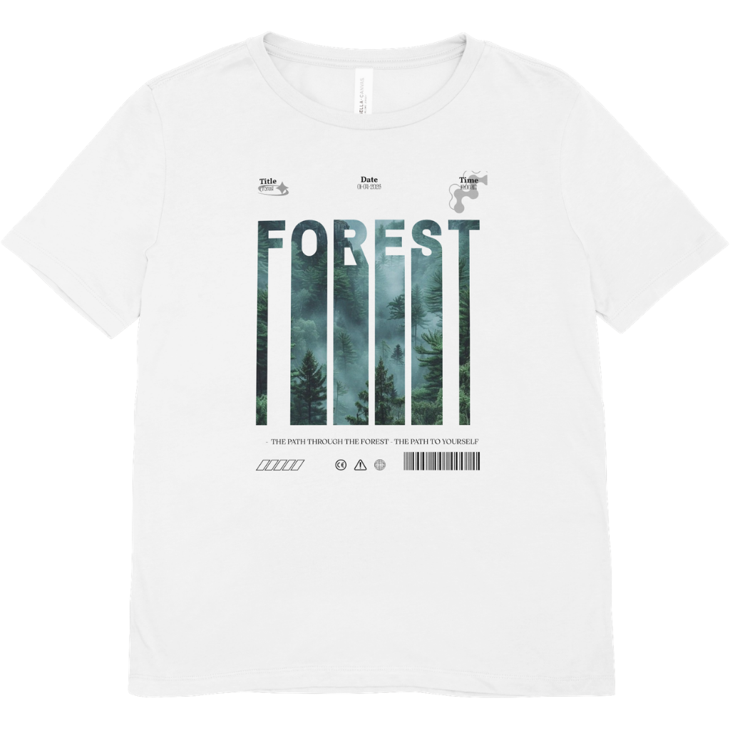Premium cotton white t-shirt with a "Forest" nature-themed screen-printed graphic and urban minimalist details.