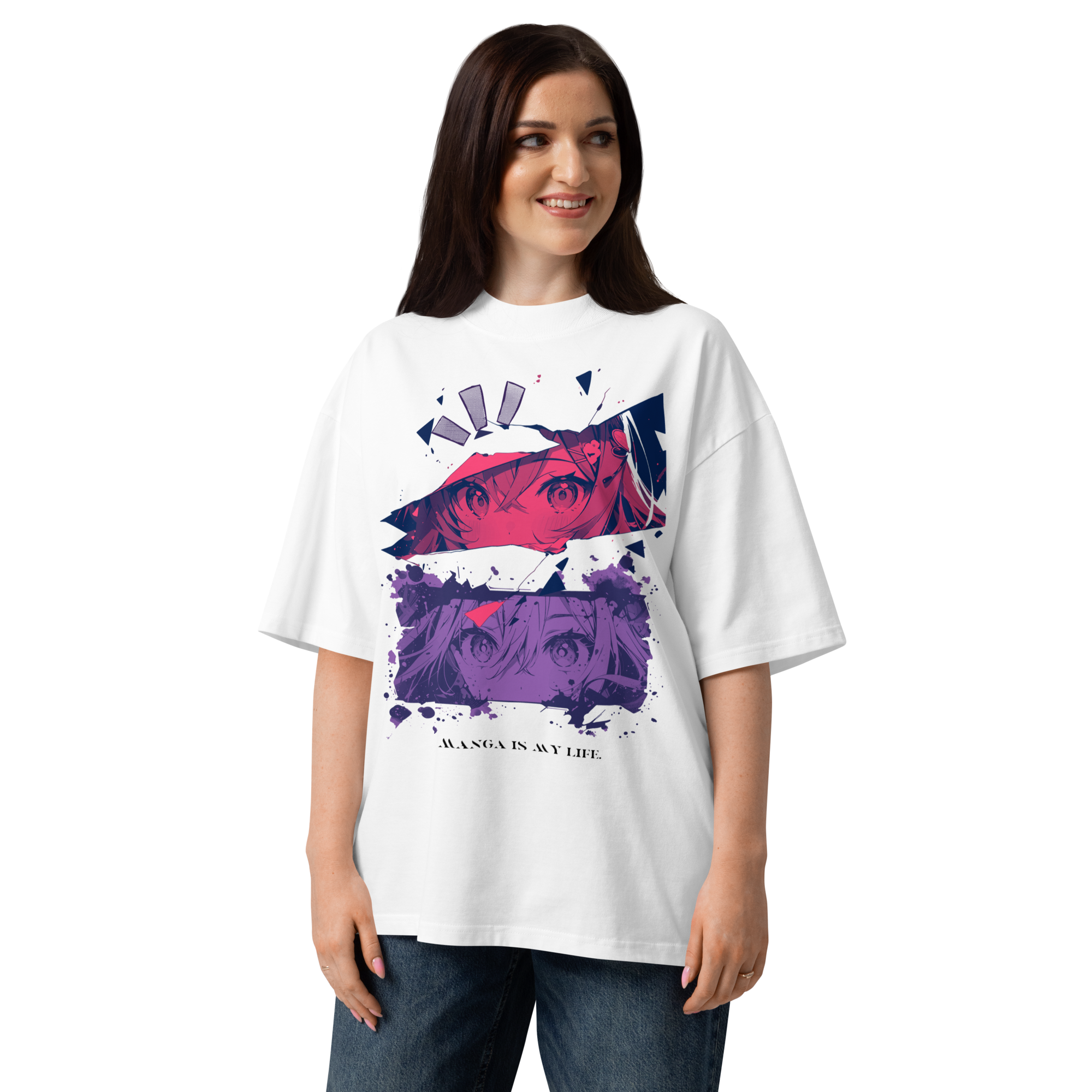White oversized t-shirt from the Femme Aesthetic collection featuring a neo-traditional graphic and urban streetwear details.