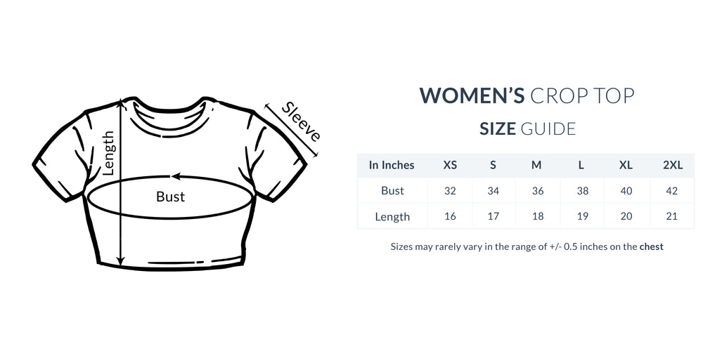 Size chart for Monarchy Women's Crop Top