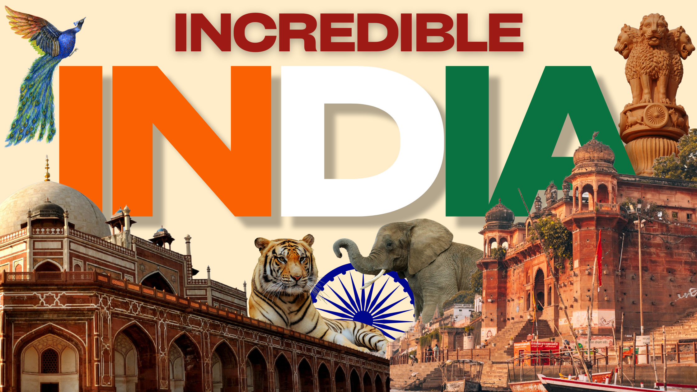 A Indian-themed graphic with the word 'INCREDIBLE' above 'INDIA' in large orange, white, and green letters. The background collage shows Indian landmarks and animals, including a peacock, tiger, elephant, and red sandstone architecture, with the Ashoka Chakra emblem near the bottom center.