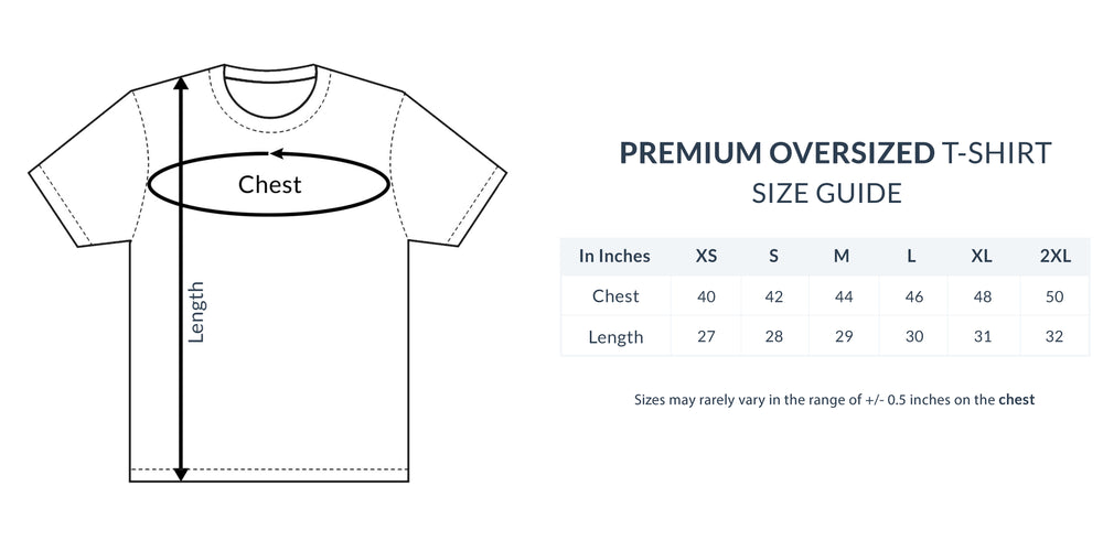 Size chart for Kalki: The Eternal Avenger Premium Oversized Tee