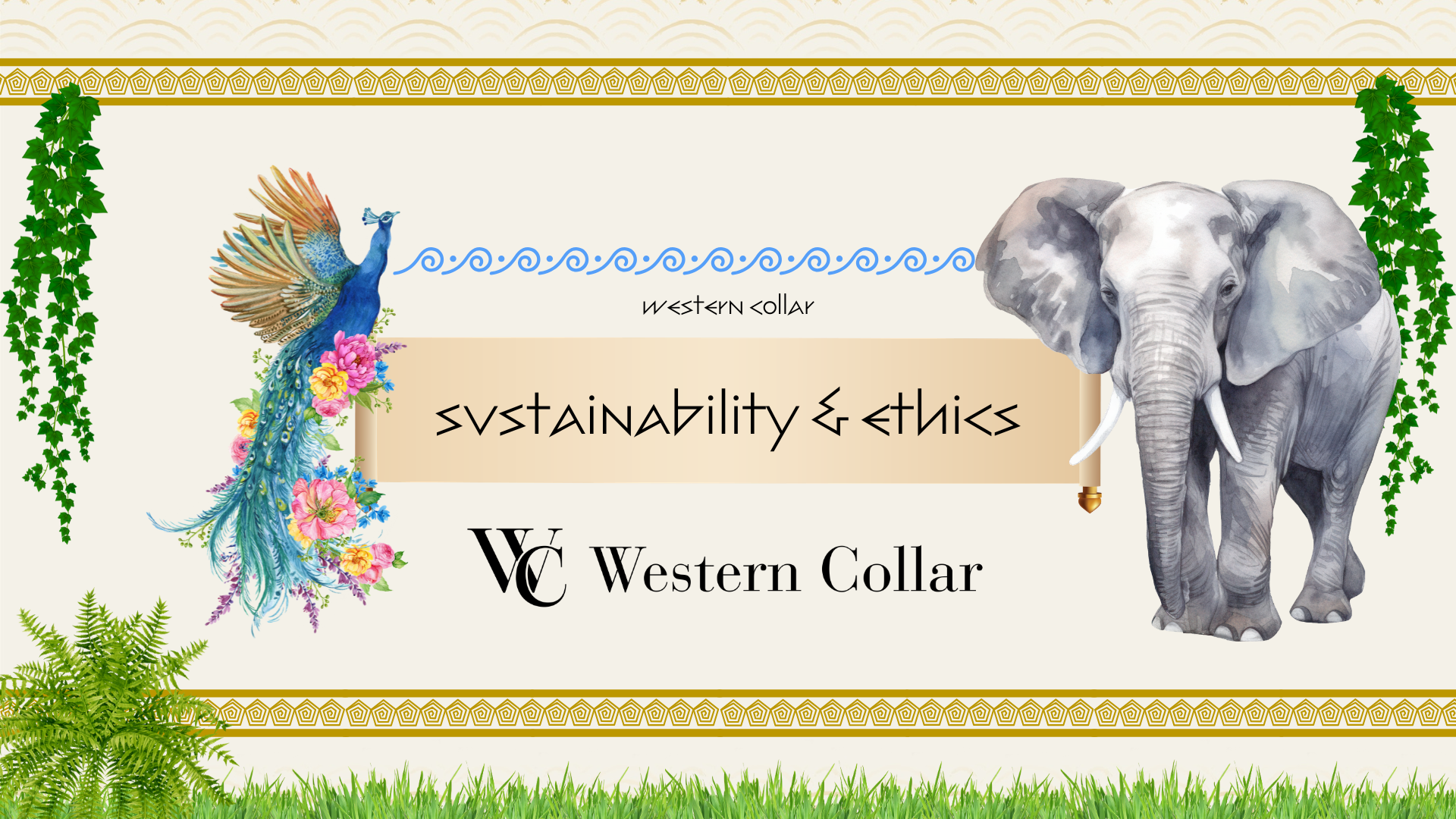 Western Collar logo with elephant, peacock, and floral elements on a decorative background