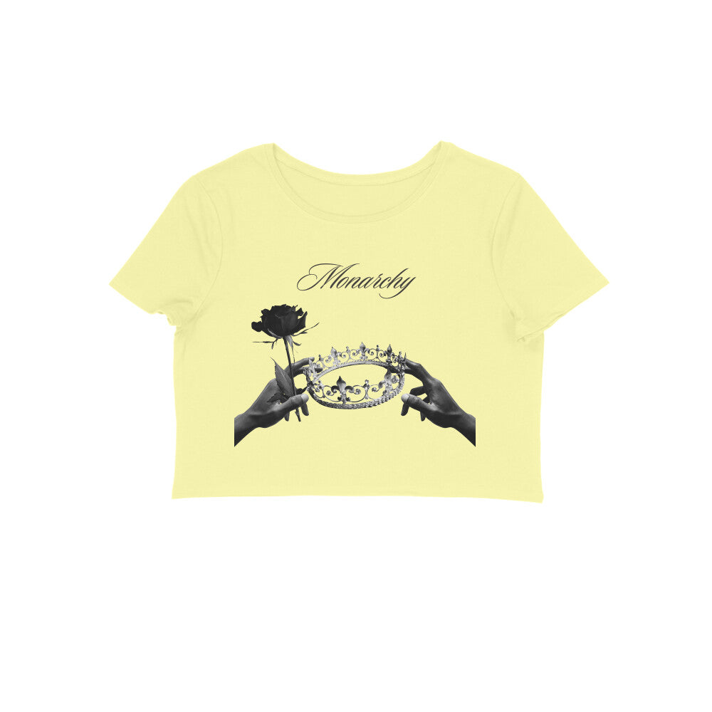 Women's Monarchy crop top off Butter Yellow monochrome crown calligraphy Western Collar