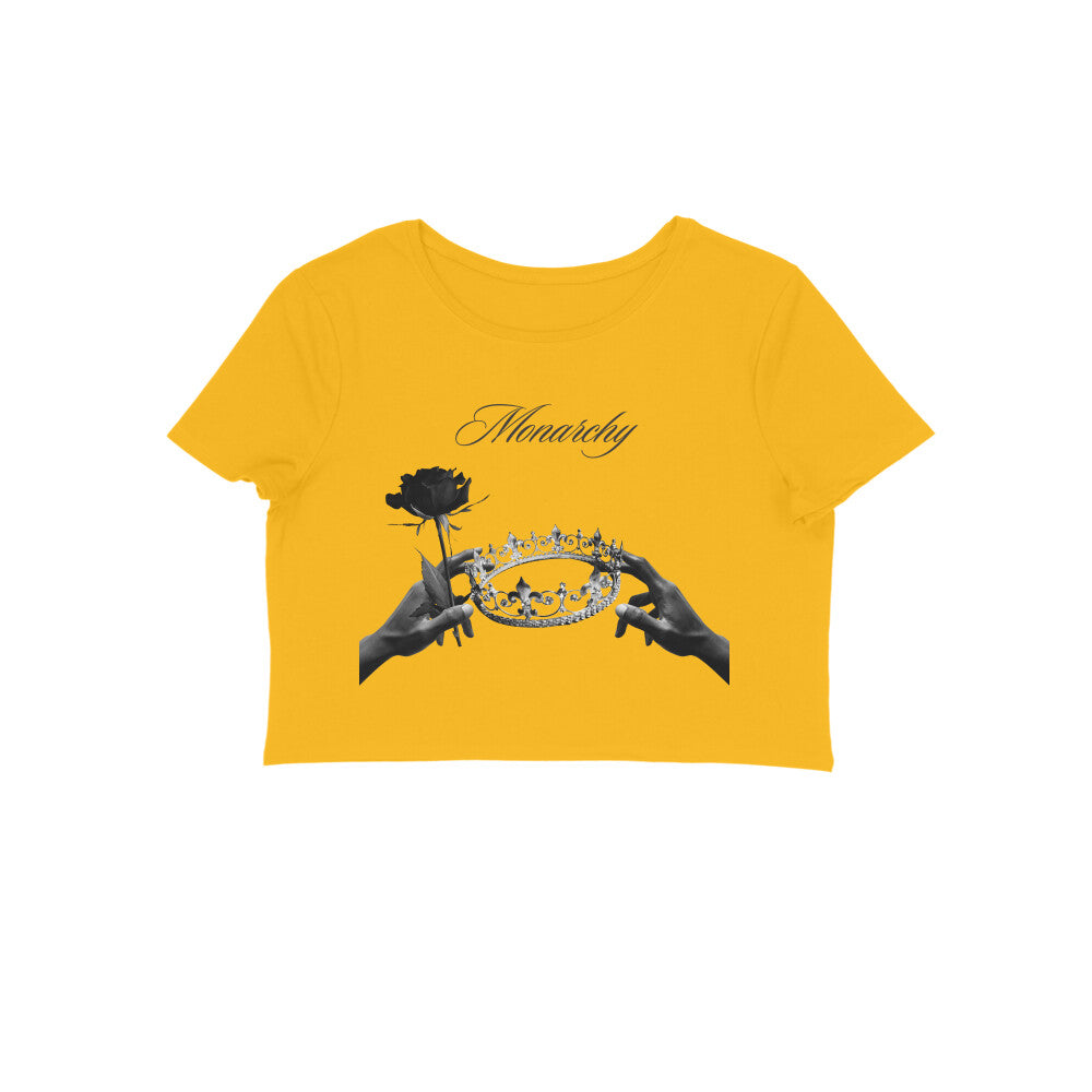 Women's Monarchy crop top off Golden Yellow monochrome crown calligraphy Western Collar