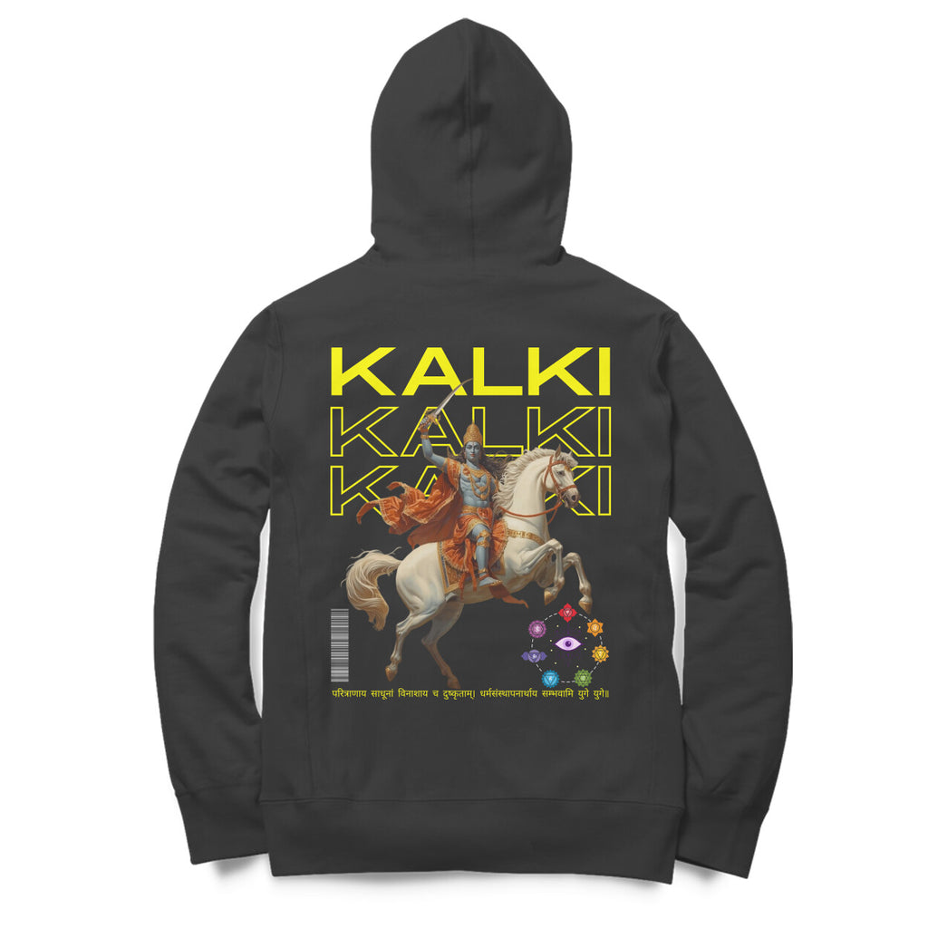 Unisex Kalki avatar oversized hoodie black Bhagavad Gita print Western Collar