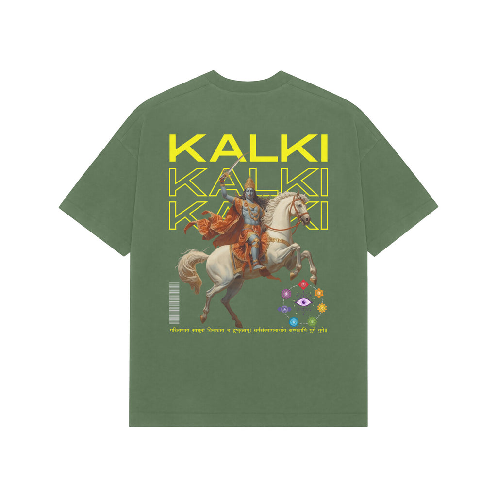 Unisex Kalki avatar premium oversized tee forest green Vishnu avatar Western Collar