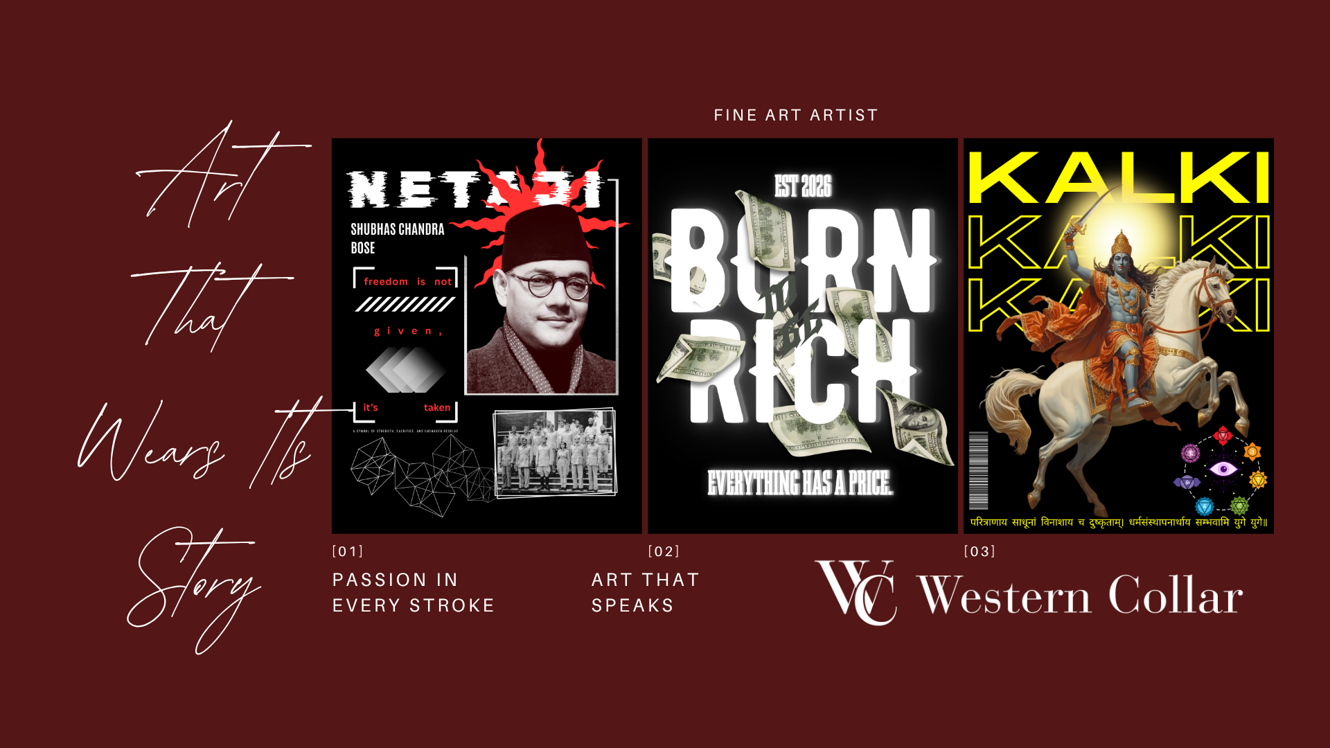 Three art pieces by different artists on a dark red background with 'Western Collar' branding.